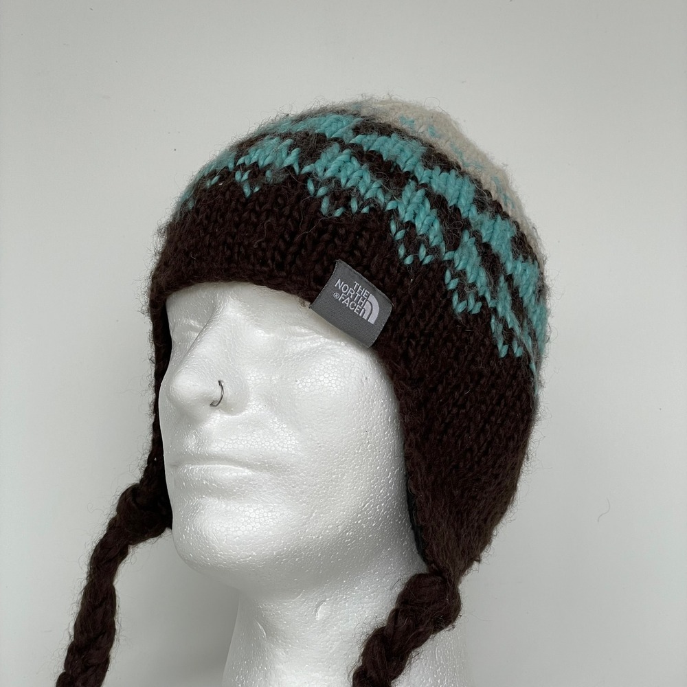 The North Face Chullo Beanie Knit Wool Brown Blue Ski Snowboarding Winter